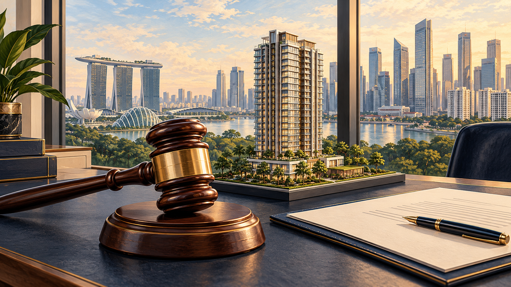 Illustration of an auction gavel, residential building model and documents against a Singapore skyline.