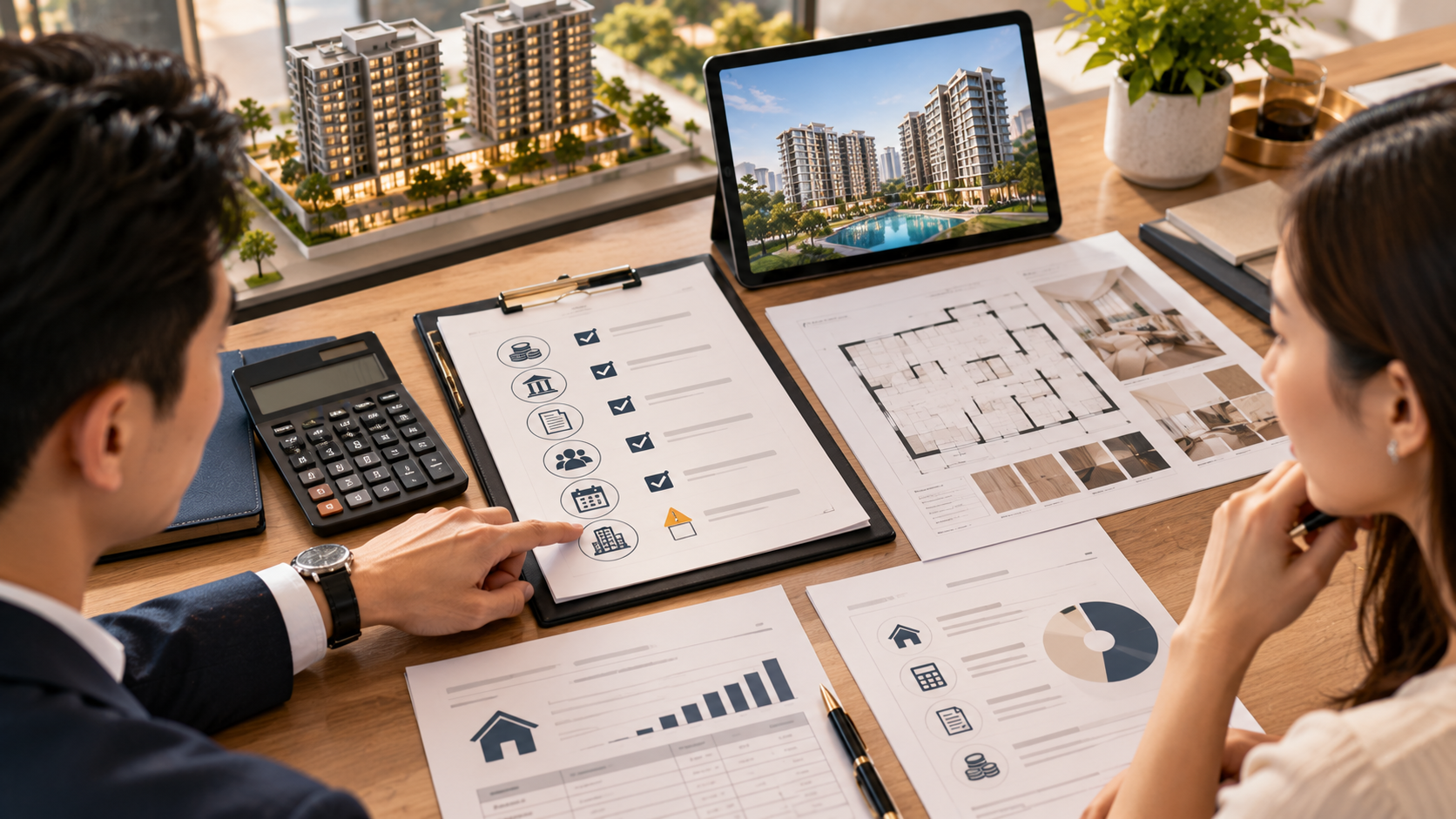 New launch condo buyer reviewing finances, loan eligibility, costs and a floor plan before visiting a Singapore showflat.