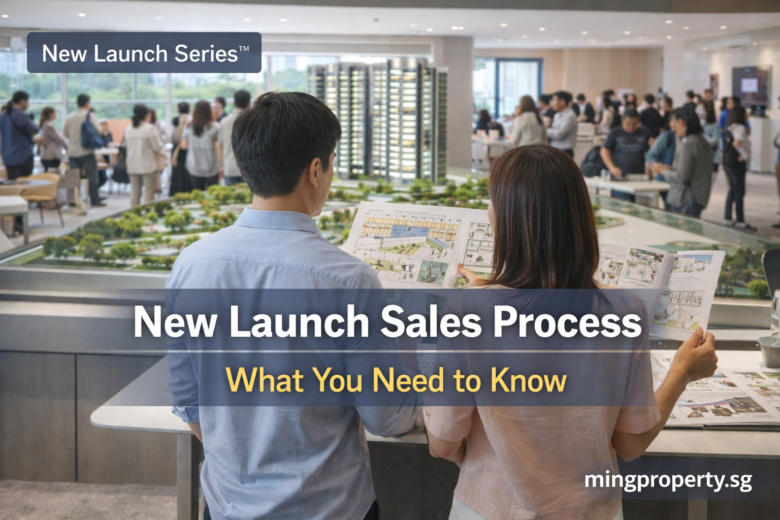 Buyers at a Singapore new launch show flat reviewing unit choices during the sales process