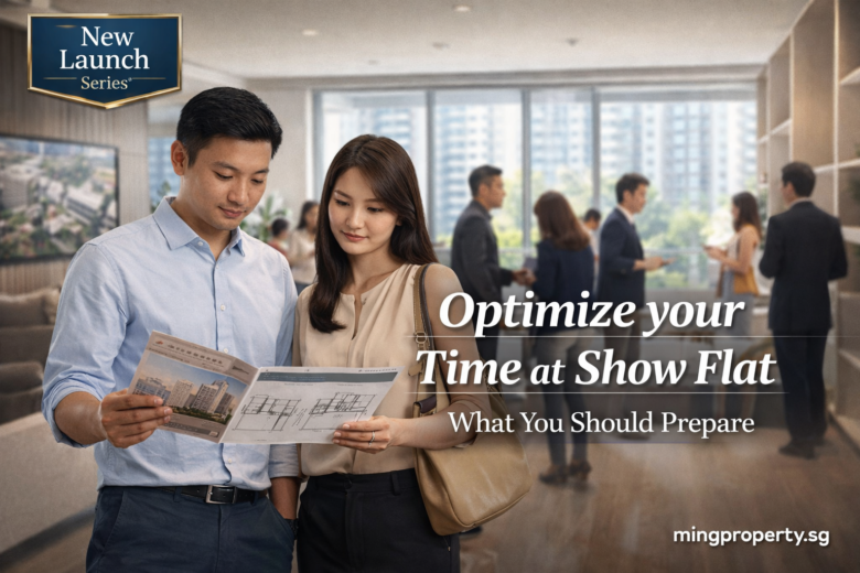 a couple looking a property brochure at a new launch show flat