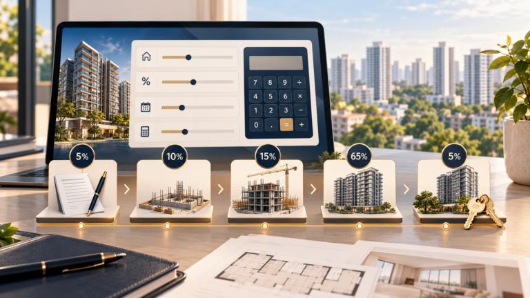 Progressive payment calculator illustrating staged new launch condo payments from booking through construction and completion.