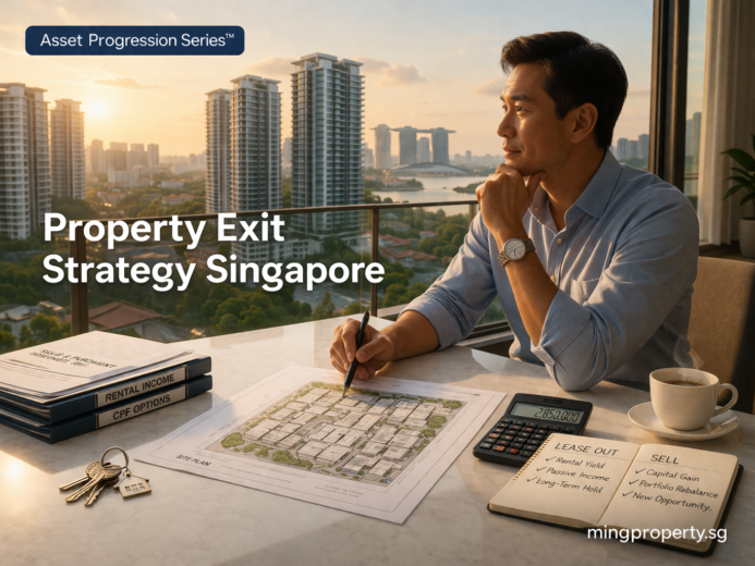 Homeowner planning a property exit strategy in Singapore with city skyline in background