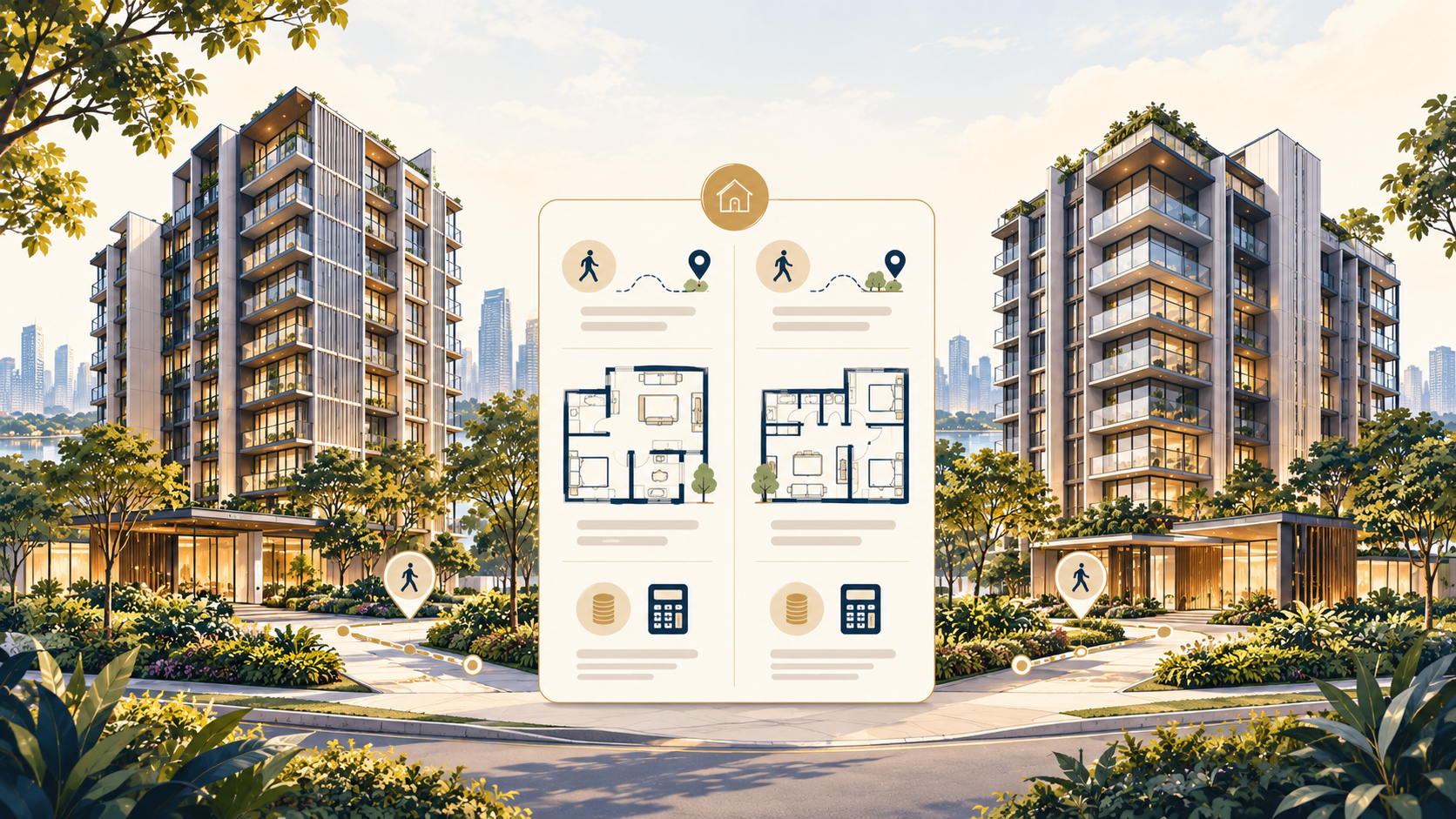 Two illustrated Singapore homes beside a checklist for comparing travel, layout and costs.