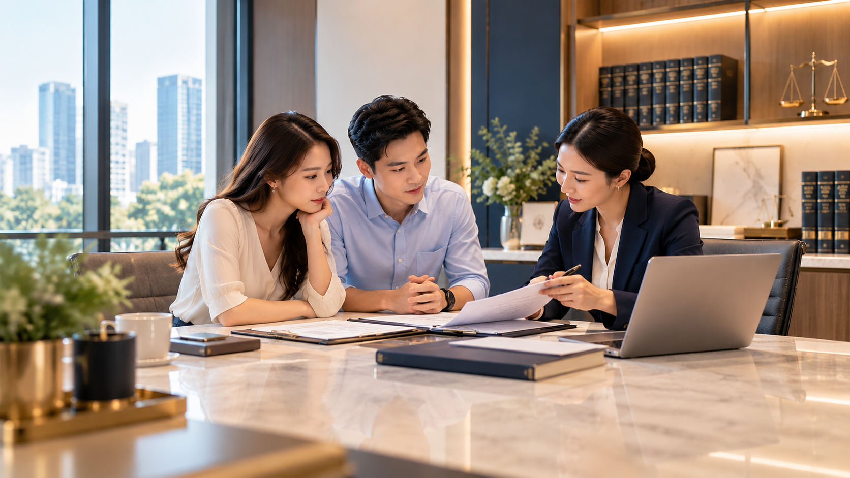 Singapore new launch condo buyers reviewing purchase documents and financing with a legal adviser