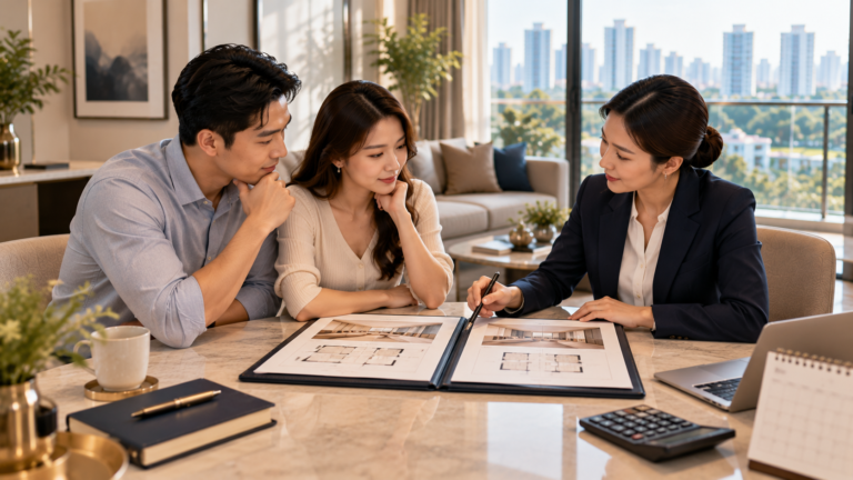 Homeowners and a property adviser comparing two purchase proposals at a dining table.