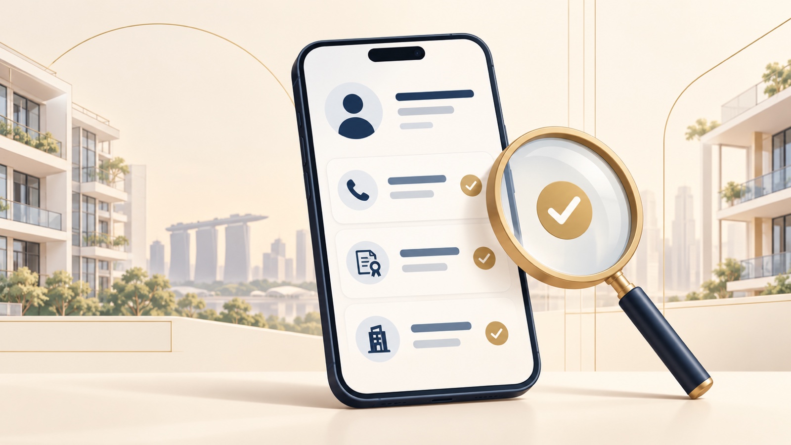 A phone displaying a checklist for verifying a property agent's registration, phone number and agency.