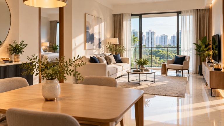 Tidy Singapore apartment with clear walkways, neatly arranged furniture and natural light, prepared for a property viewing.