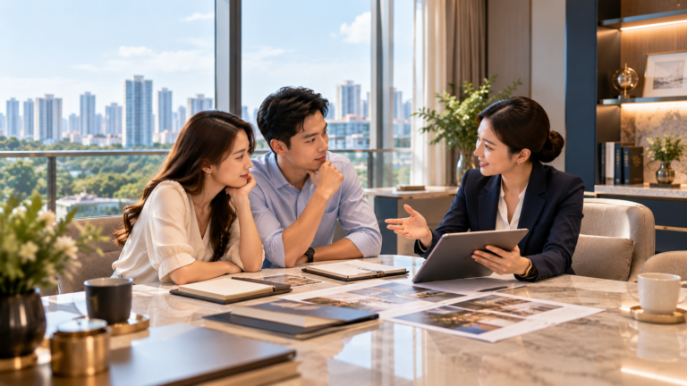 Singapore property adviser having a thoughtful long-term planning discussion with clients