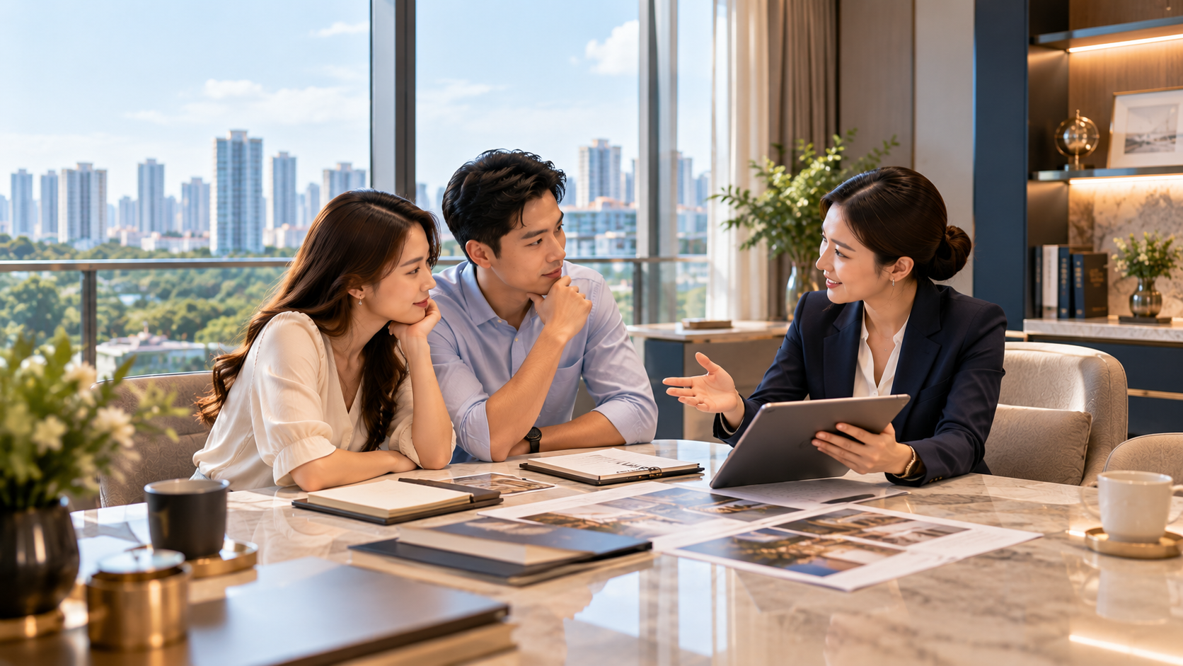 Singapore property adviser having a thoughtful long-term planning discussion with clients